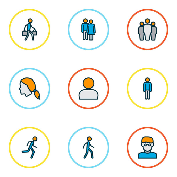 Lidé ikony barevné linie set s pěší muž, tým, profil a další turistické prvky. Ikony izolovaných ilustrací. - Fotografie, Obrázek