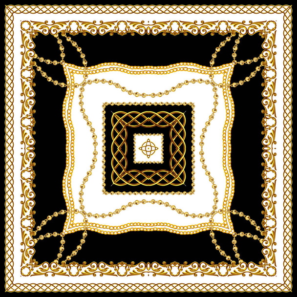 シルクプリント用スカーフデザイン。チェーン、黒と白の色を持つ黄金のバロック。インドスタイルのパターン繊維の準備ができて.  - 写真・画像