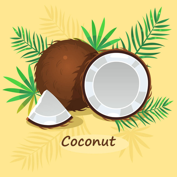 Иллюстрация кокоса с зелеными листьями на желтом фоне
 - Вектор,изображение