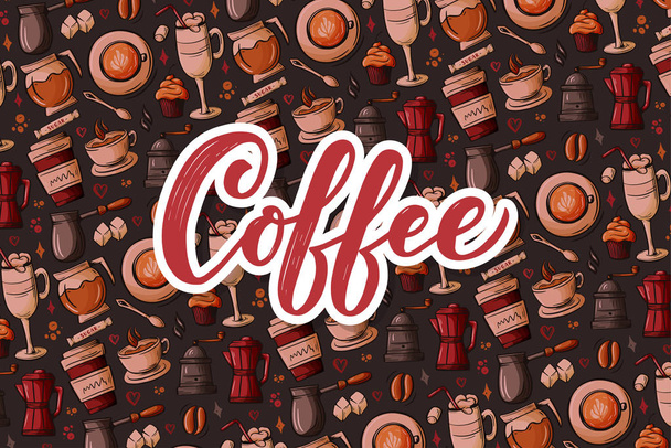 Hand lettering ellements in sketch style for coffee shop or cafe. Hand drawn vintage cartoon design, isolated on background. Vector - Vector, Image