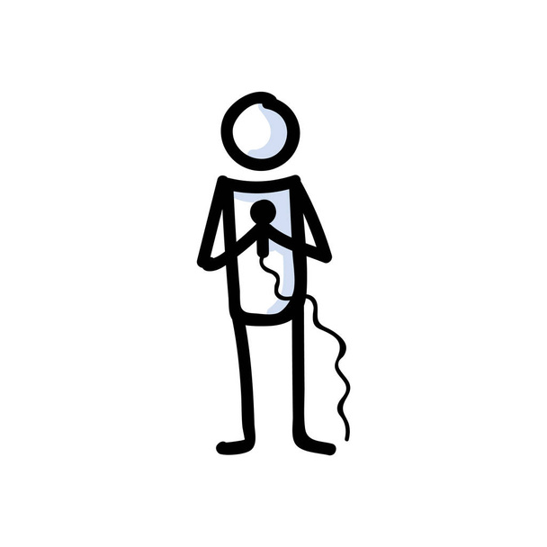 Hand Drawn Stick Figure Holding Microphone. Concept of Public Speaking Performer. Simple Icon Motif for Stand Up Comedy Pictogram. Stage, Speech, Speaker, Mic Wire Bujo Illustration. Vector EPS 10.  - Vector, Image