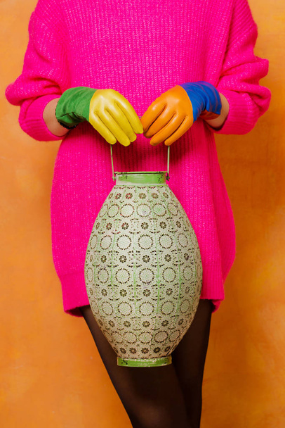 Girl in multi-colored leather gloves - Foto, Imagem