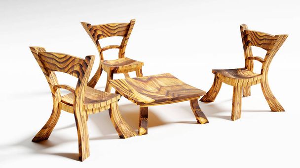 três bonitos e pitorescos caricaturas cadeiras de fada de madeira e uma mesa, 3d renderização
 - Foto, Imagem