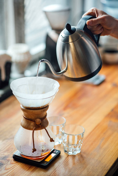 brewing coffee by an alternative method, pouring boiling water f - Photo, image