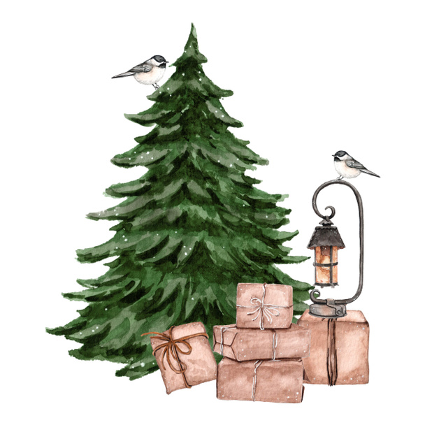 Рождественская елка с лампой и подарками
 - Фото, изображение