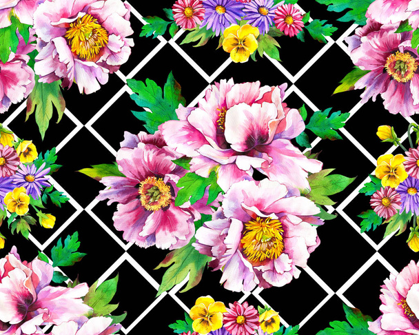 Seamless pattern with watercolor flowers. Beautiful illustrations with plants on black and white geometric background. Composition with Pansies, Peonies, Dahlias. - 写真・画像