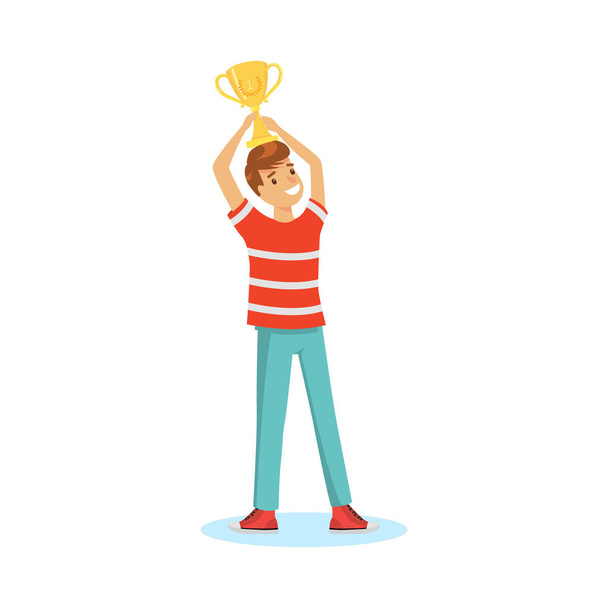 Muchacho ganador con copa de oro feliz con la ilustración vector victoria
 - Vector, Imagen