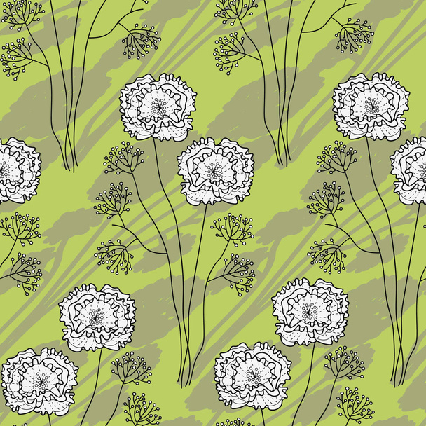 Vector bloemenweide patroon in groen en wit. Eenvoudige pioenachtige bloem met schaduwhand in herhaling getrokken. Ideaal voor achtergrond, behang, inpakpapier, verpakking, mode. - Vector, afbeelding