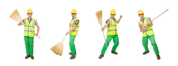 Funny janitor with broom isolated on white - Photo, Image
