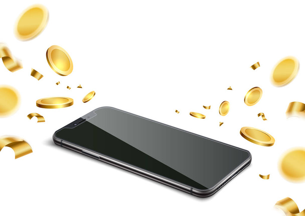Vector ρεαλιστικό τηλέφωνο χρυσό νόμισμα στοίχημα τυχερά παιχνίδια - Διάνυσμα, εικόνα