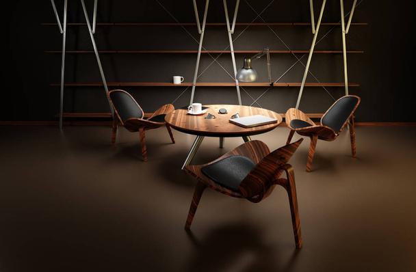 El interior de la habitación débilmente iluminada con tres sillas y una mesa se hace en un estilo de negocios moderno. Sillas, mesa y estantes están hechos de madera texturizada. ilustración 3d. - Foto, imagen