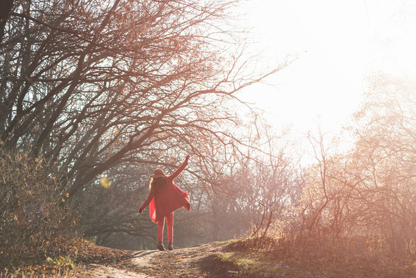 Silueta elegantní ženy kráčet v lese - Fotografie, Obrázek