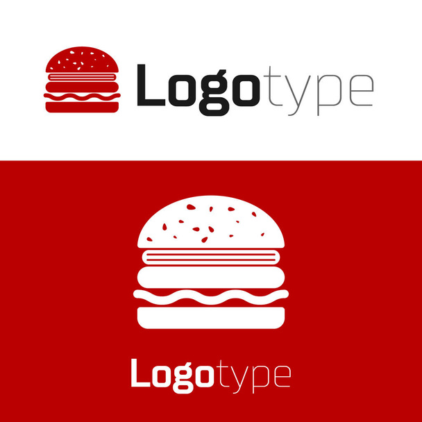 白い背景に赤いバーガーアイコンが隔離されています。ハンバーガーのアイコン。チーズバーガーのサンドイッチの看板。ロゴデザインテンプレート要素。ベクターイラスト - ベクター画像