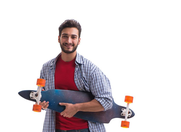 Молодий скейтбордист з довгим скейтбордом ізольований на білому
 - Фото, зображення