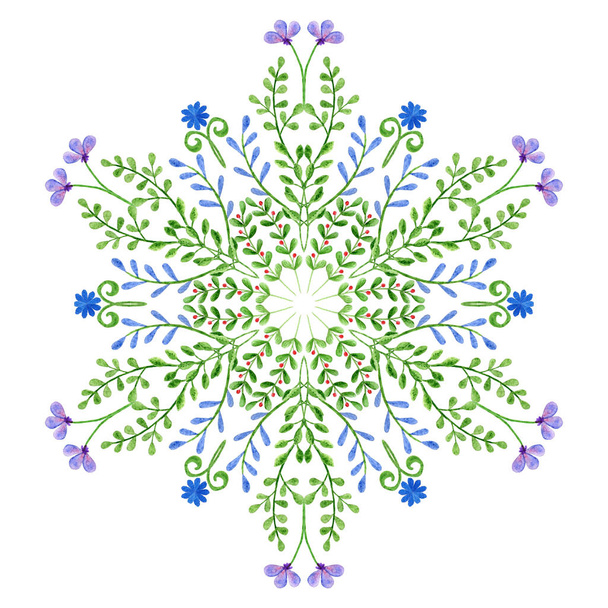 Aquarel mandala. Circulaire handgetekende ontwerp met Lentebloemen en takken - Foto, afbeelding