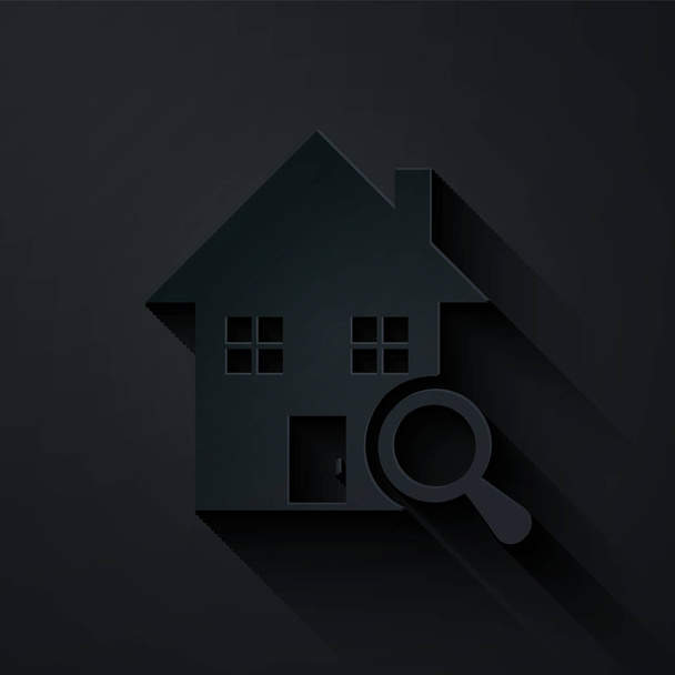 Corte de papel Icono de casa de búsqueda aislado sobre fondo negro. Símbolo inmobiliario de una casa bajo lupa. Estilo de arte de papel. Ilustración vectorial
 - Vector, Imagen