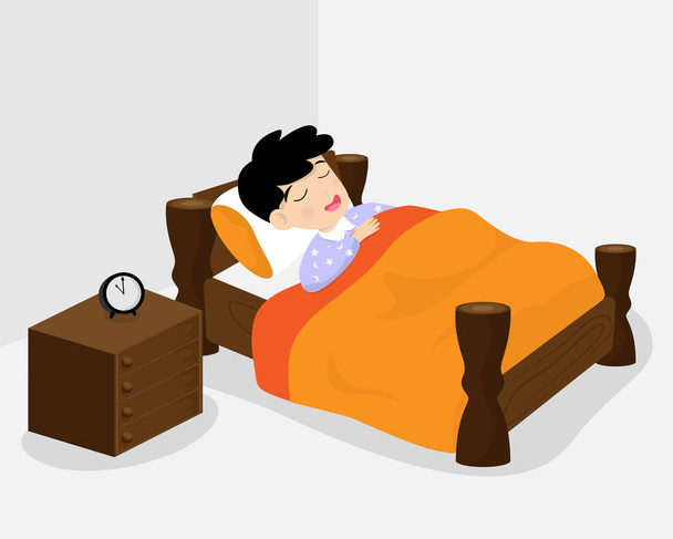 Ragazzo carino o bambino sta dormendo a letto durante la notte isolato su sfondo. Illustrazione vettoriale in stile fumetto piatto
. - Vettoriali, immagini