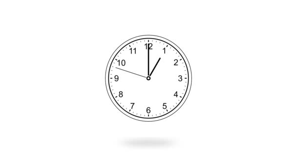 Animation der schwarzen Uhr, die 12 Stunden am Tag mit hoher Geschwindigkeit auf weißem Hintergrund herunterzählt, flacher Stil - Filmmaterial, Video