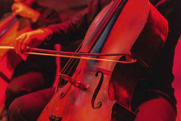 Concierto de violonchelo con instrumento de cerca. Fondo rojo vibrante a
 - Foto, Imagen