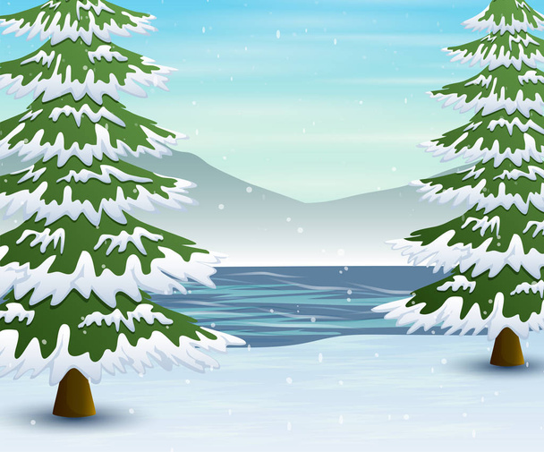 Winter landscape with frozen lake and fir trees - Vector, Image
