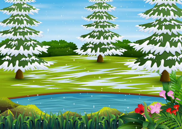 Sezon zimowy z pokrytymi śniegiem drzewami i jeziorkiem - Wektor, obraz