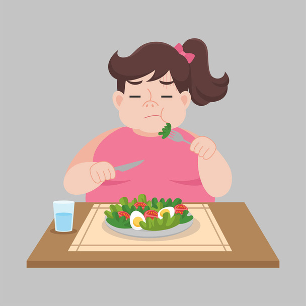 unglückliche dicke Frau will keinen Salat essen, pflanzliche Gewichtsabnahme Gesundheitskonzept Karikatur. - Vektor, Bild