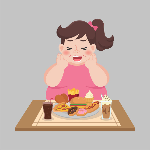 Big Fat Happy kobieta cieszyć się jeść fast food, fast food śmieci, kurczaka pałeczka perkusyjna, frytki, Hamburger, dieta schudnąć, Koncepcja opieki zdrowotnej - Wektor, obraz