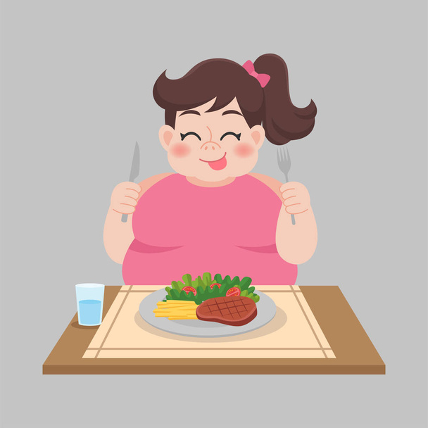 Товста жінка готова їсти продукти харчування, салат, стейк, рослинна втрата ваги Концепція охорони здоров'я мультфільм
. - Вектор, зображення
