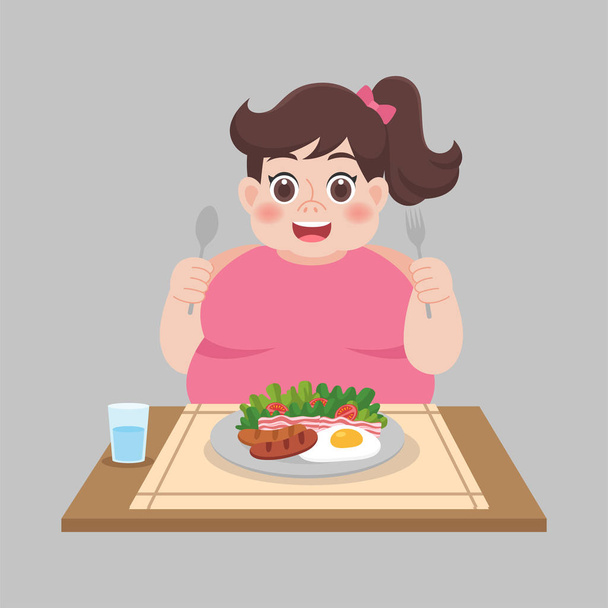 Rasva nainen valmis syömään elintarvikkeita, salaatti, makkara, kasvis laihtuminen Terveydenhuollon käsite sarjakuva
. - Vektori, kuva