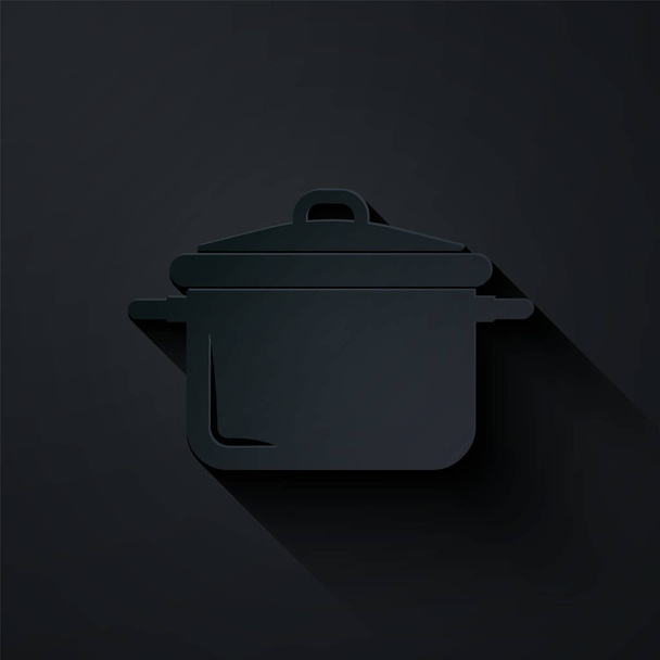 ペーパーカット黒の背景に隔離された調理ポットアイコン。沸騰またはシチュー食品のシンボル。紙のアートスタイル。ベクターイラスト - ベクター画像