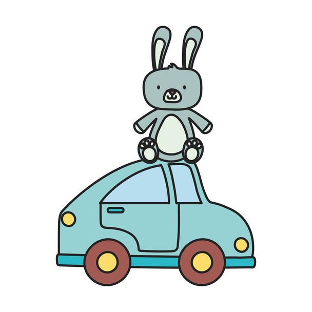 子供のおもちゃウサギの毛皮と青い車のおもちゃ - ベクター画像