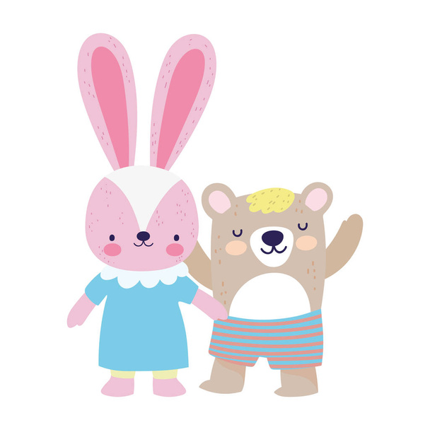 baby shower cute little female rabbit and bear with pants cartoon - Vecteur, image
