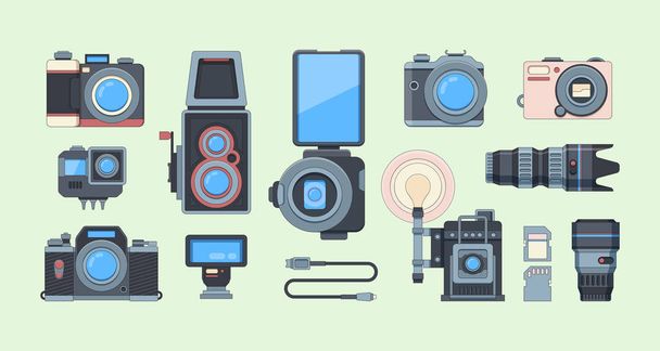 Retro and modern cameras flat illustrations set - Vector, Image