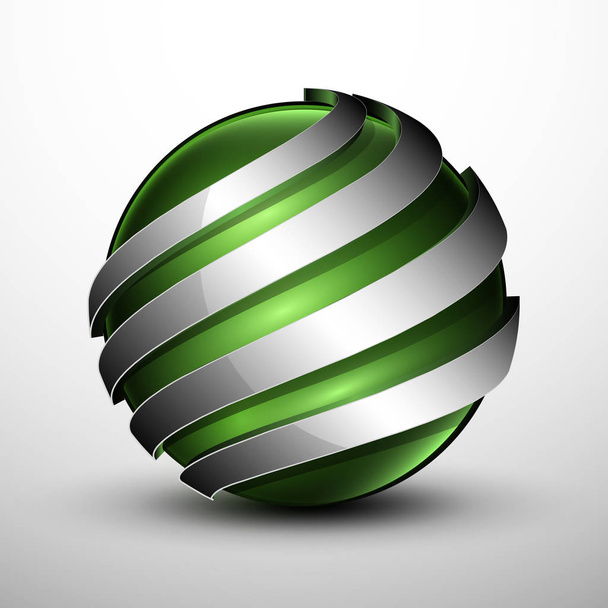 3d logo.Zöld gömb fém szelvényekkel - Vektor, kép