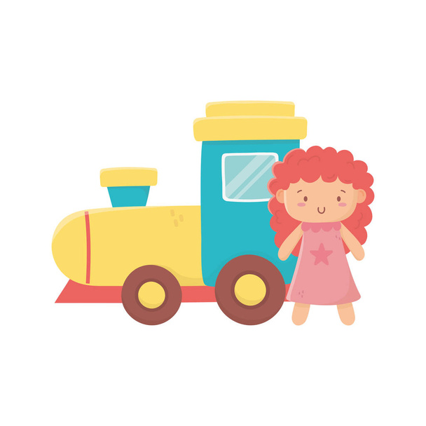 gyerekek játék, gumi vonat és rózsaszín kis baba játékok - Vektor, kép