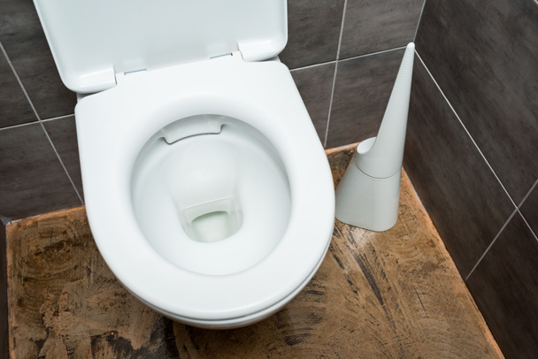 ceramic clean toilet bowl in modern restroom with grey tile and toilet brush - Foto, Imagem