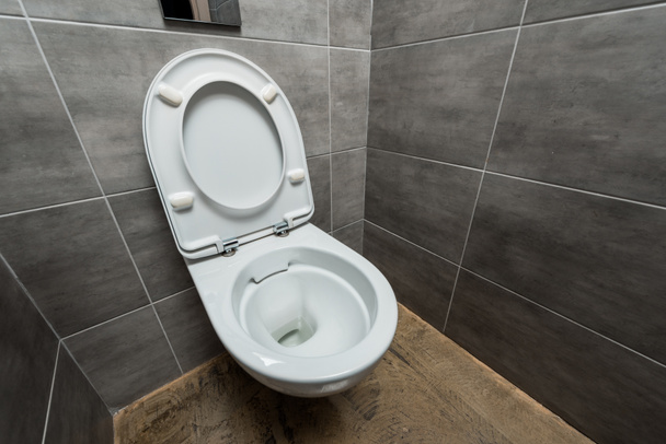 керамічний чистий унітаз в сучасному туалеті з сірою плиткою
 - Фото, зображення