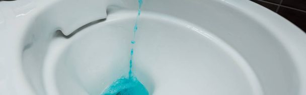 close up view of blue liquid detergent pouring into ceramic clean toilet bowl, panoramic shot - 写真・画像