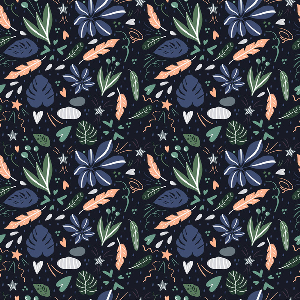 Element of floral seamless pattern. Stylized leaves and flowers - Vektör, Görsel