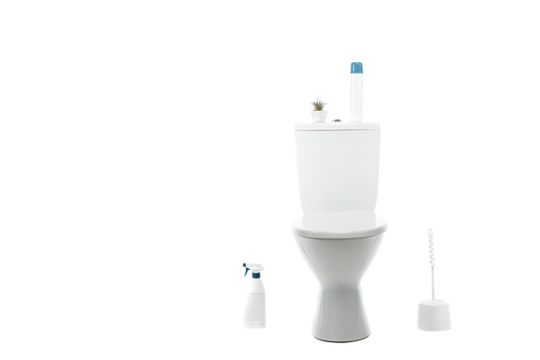 керамическая чистая унитаз с освежителем воздуха и растение рядом с туалетной щеткой, моющее средство изолированы на белом
 - Фото, изображение