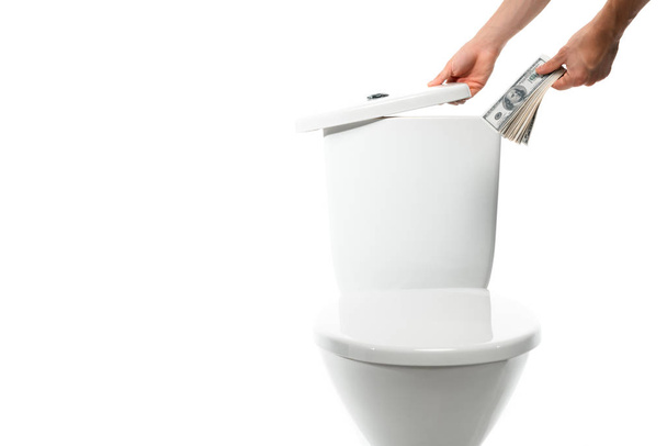 vista ritagliata di donna che nasconde dollari in ceramica scodella WC pulito isolato su bianco
 - Foto, immagini