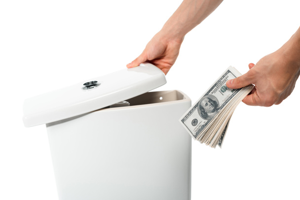 cropped view of woman hiding dollars in ceramic clean toilet bowl isolated on white - Foto, imagen