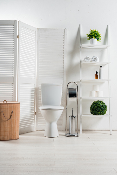 interior do banheiro moderno branco com vaso sanitário perto de tela dobrável, cesta de lavanderia, rack e plantas
 - Foto, Imagem