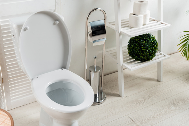 belső tér fehér modern fürdőszoba toalettel közel összecsukható képernyő, WC kefe, WC-papír, állvány és növények - Fotó, kép