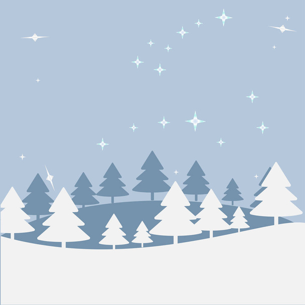 Weihnachtslandschaft bei Nacht. Postkarte mit Hügel, Bäumen, Sternenhimmel. Gruß oder Postkarte, Papier der Kunst der vektoralen Illustration, Hügel des Winters sind das Sternbild der kleinen und großen Bärin - Vektor, Bild