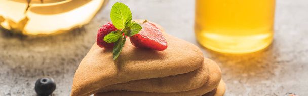 delicious heart shaped pancakes with raspberries and mint, panoramic shot - Photo, Image