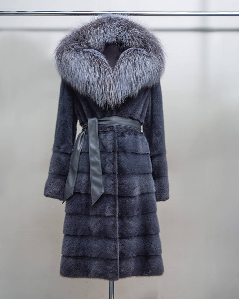 Luxury mink fur coat with collar black Fox gray with belt - Photo, Image