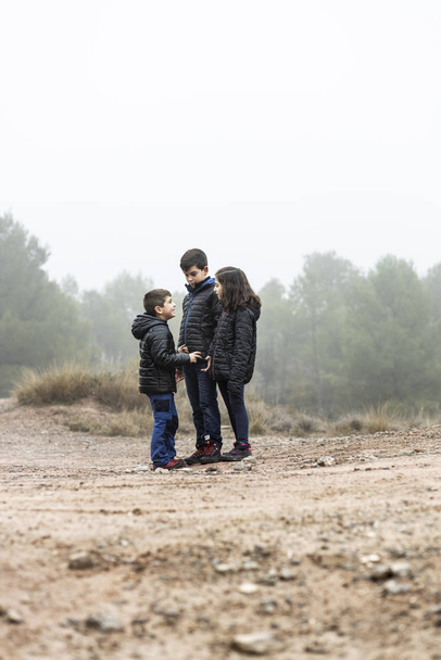 Three kids in the middle of a foggy field - Foto, imagen