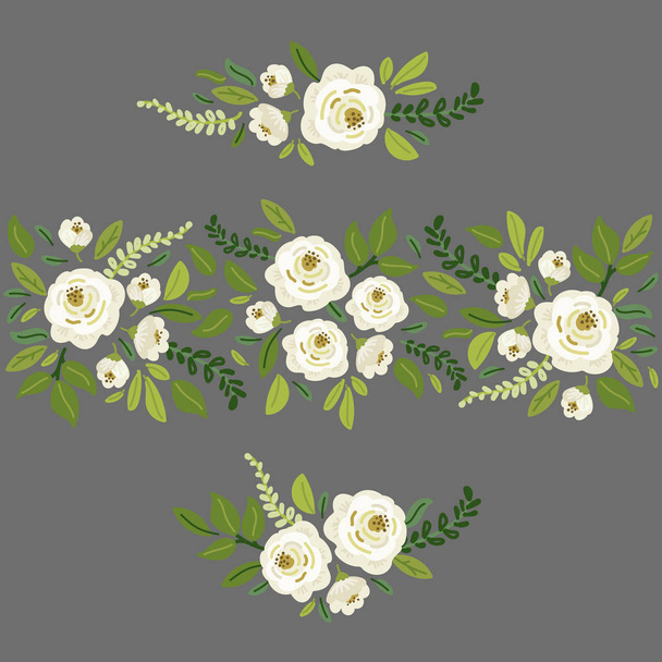 Leuke lente collectie bloemen elementen als boeketten van de hand getrokken rustieke witte rozen bloemen en groene bladeren takken - Vector, afbeelding