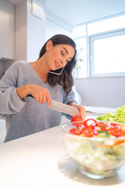 Talking on the phone and cooking dinner stock photo - Foto, Imagem